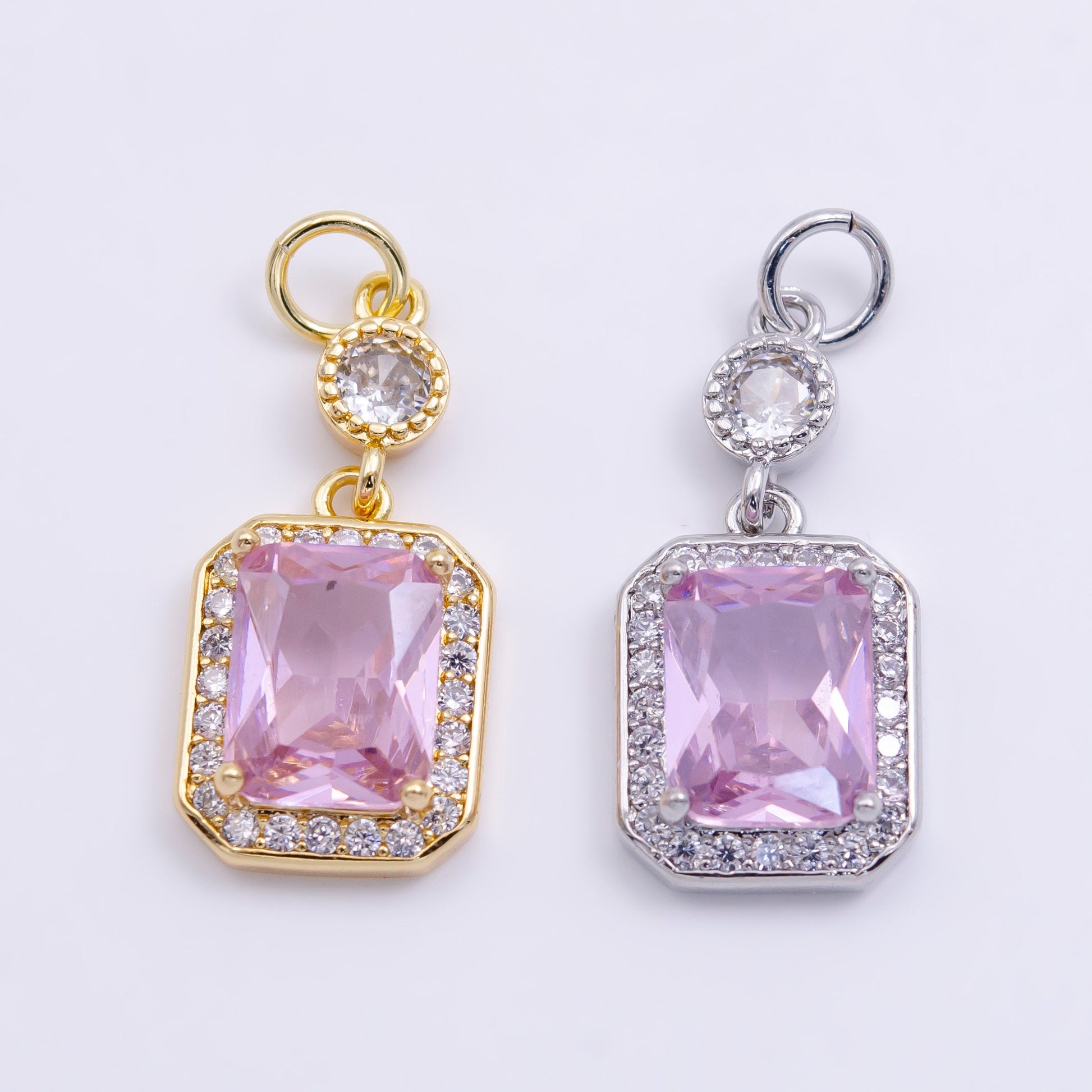 14K Gold Filled Pink Baguette Micro Paved CZ Hexagonal Drop Charm in Gold & Silver | W473 W474