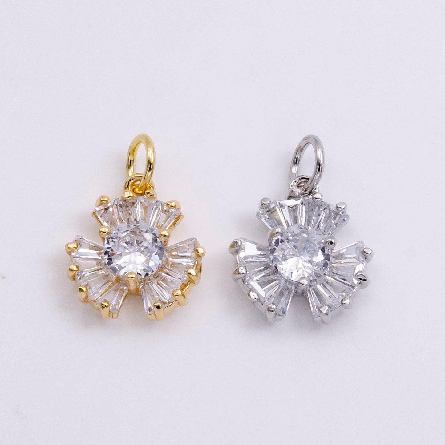 14K Gold Filled Clear CZ Baguette Geometric Flower Nature Charm in Gold & Silver | W475 W476