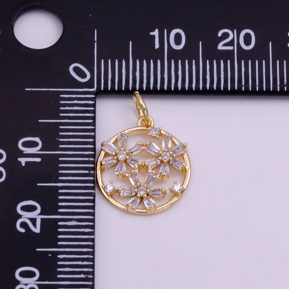 14K Gold Filled Triple Baguette Flowers Open Round Charm in Gold & Silver | W477 W478