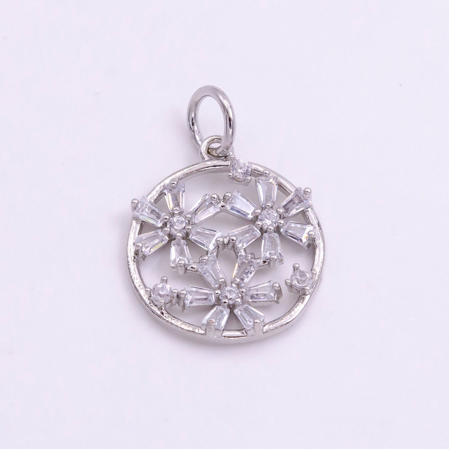 14K Gold Filled Triple Baguette Flowers Open Round Charm in Gold & Silver | W477 W478