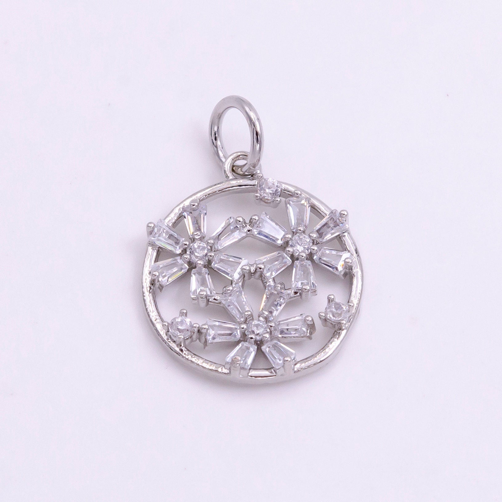 14K Gold Filled Triple Baguette Flowers Open Round Charm in Gold & Silver | W477 W478