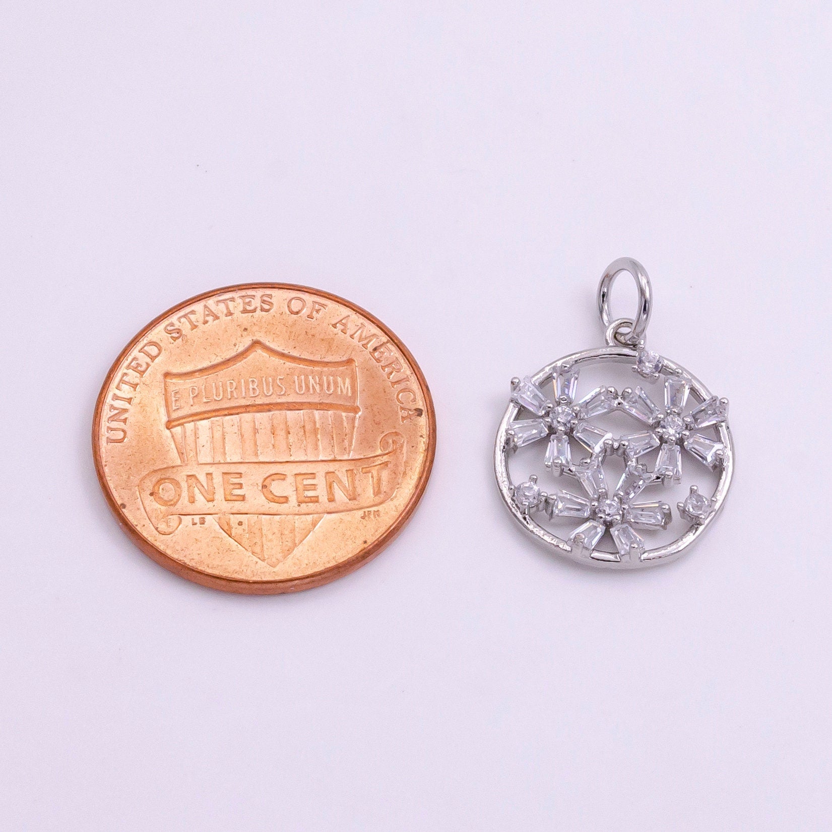 14K Gold Filled Triple Baguette Flowers Open Round Charm in Gold & Silver | W477 W478