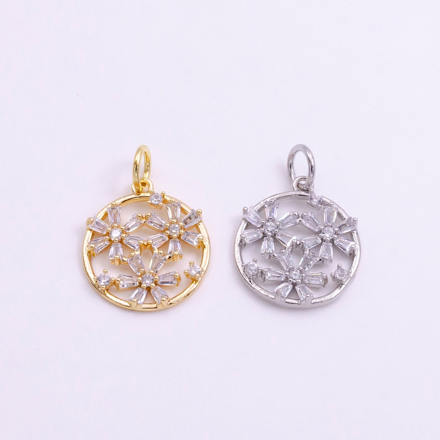 14K Gold Filled Triple Baguette Flowers Open Round Charm in Gold & Silver | W477 W478
