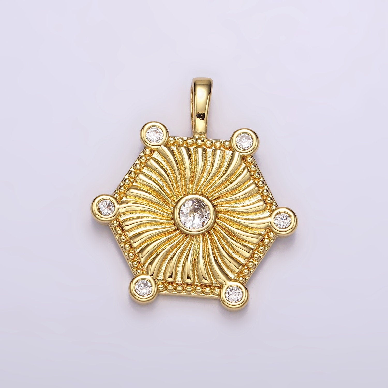 Gold CZ Medallion Geometric Hexagon Pendant, 14K Gold Filled Clear Micro Paved CZ Hexagonal Sunray Charm | AH087
