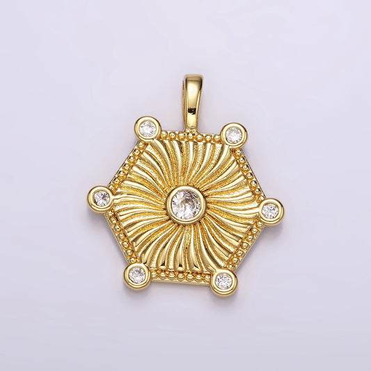 Gold CZ Medallion Geometric Hexagon Pendant, 14K Gold Filled Clear Micro Paved CZ Hexagonal Sunray Charm | AH087