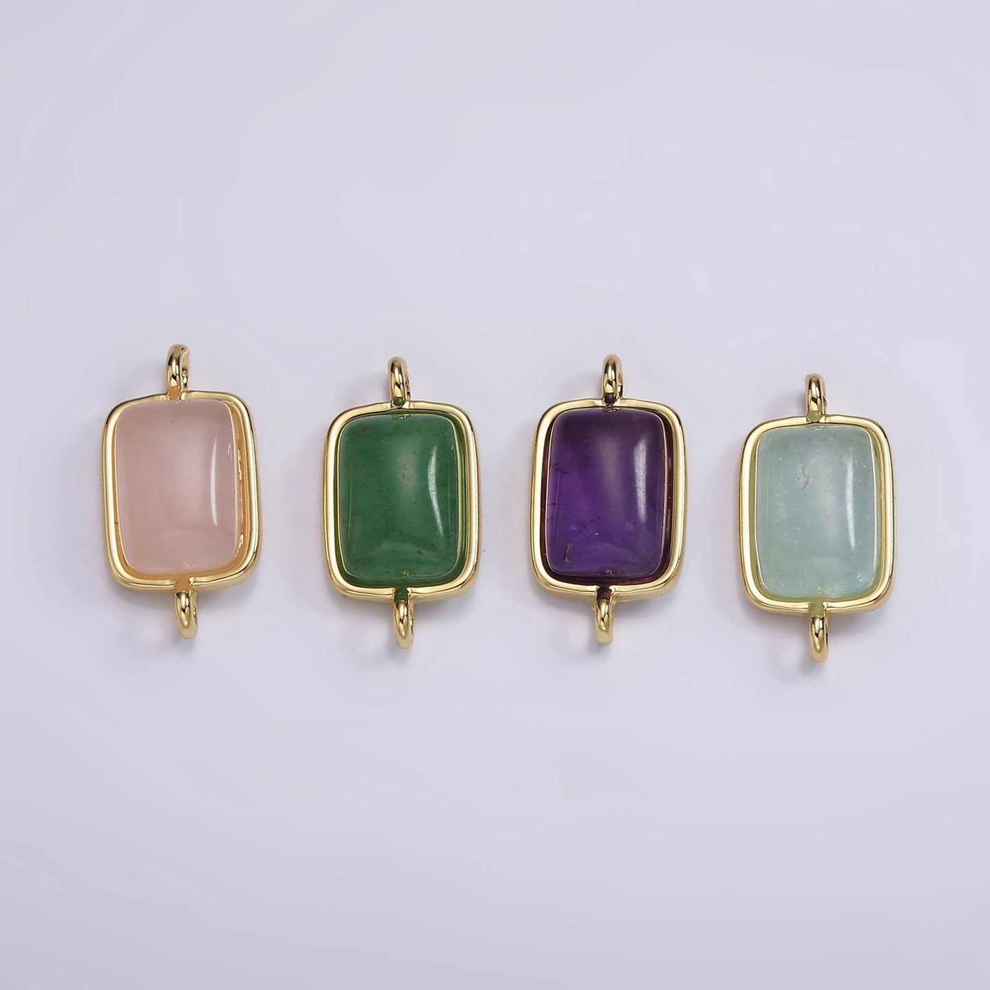 24K Gold Filled Natural Gemstone Rose Quartz, Aventurine, Amethyst Bezel cut Rectangle Charm Connector for Bracelet Component| G-246
