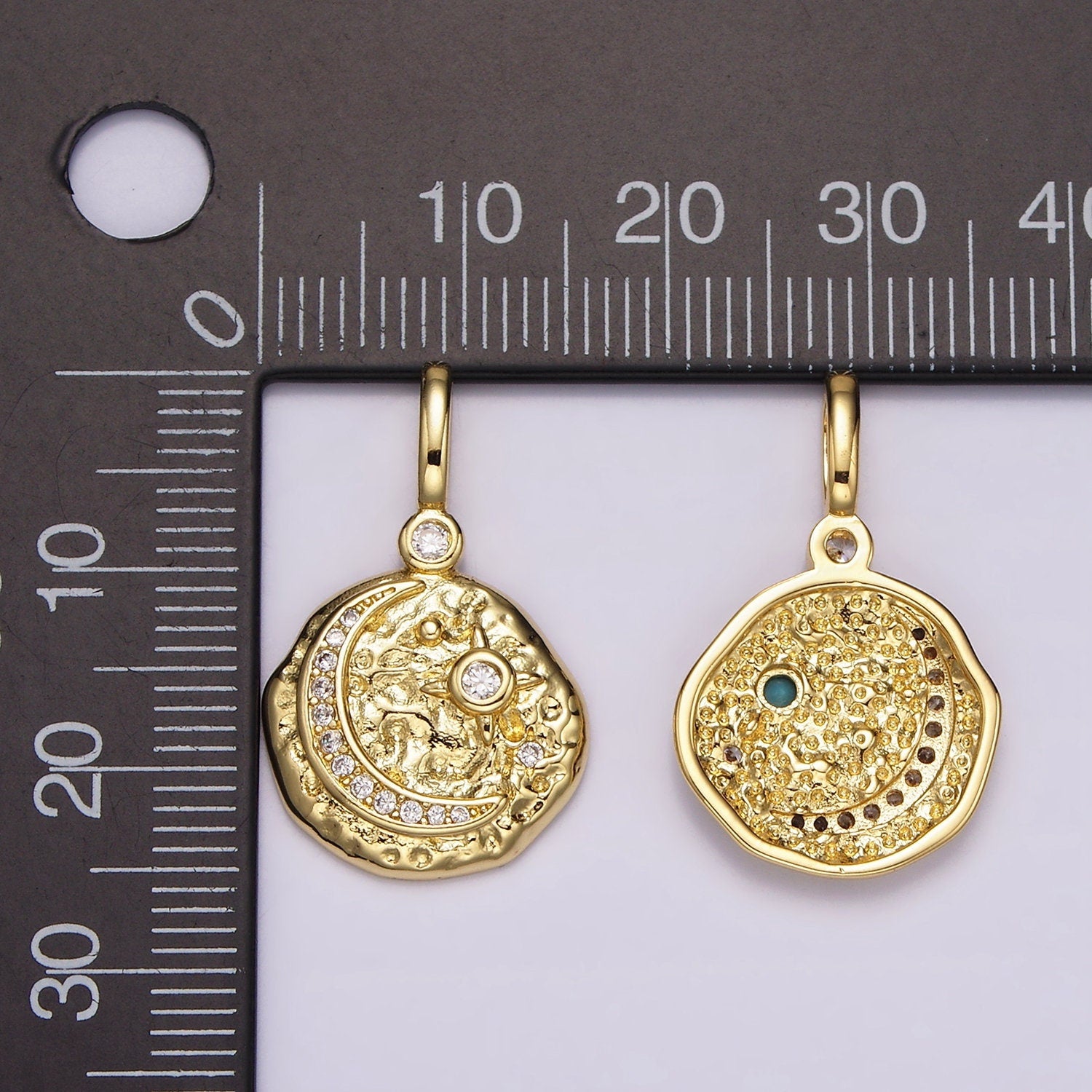 14K Gold Filled Clear, Turquoise Celestial Star Crescent Moon Micro Paved Hammered CZ Pendant | AH109 AH110