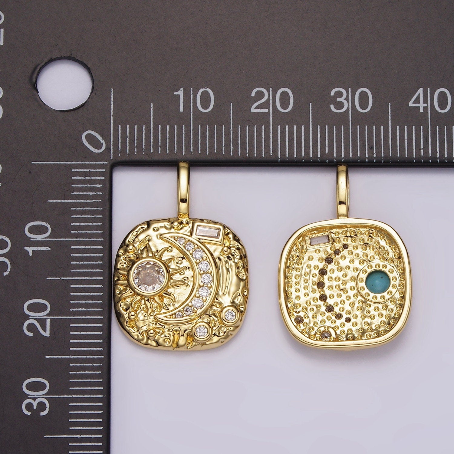 14K Gold Filled Clear, Turquoise Celestial Sun Crescent Moon Hammered Square Pendant | AH093 AH094