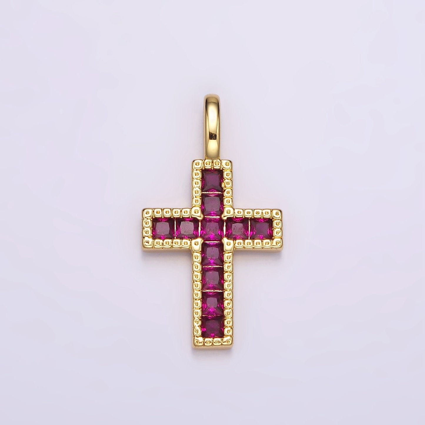 14K Gold Filled Clear, Fuchsia, Green, Blue, Multicolor Square CZ Latin Cross Pendant | AH098 - AH102