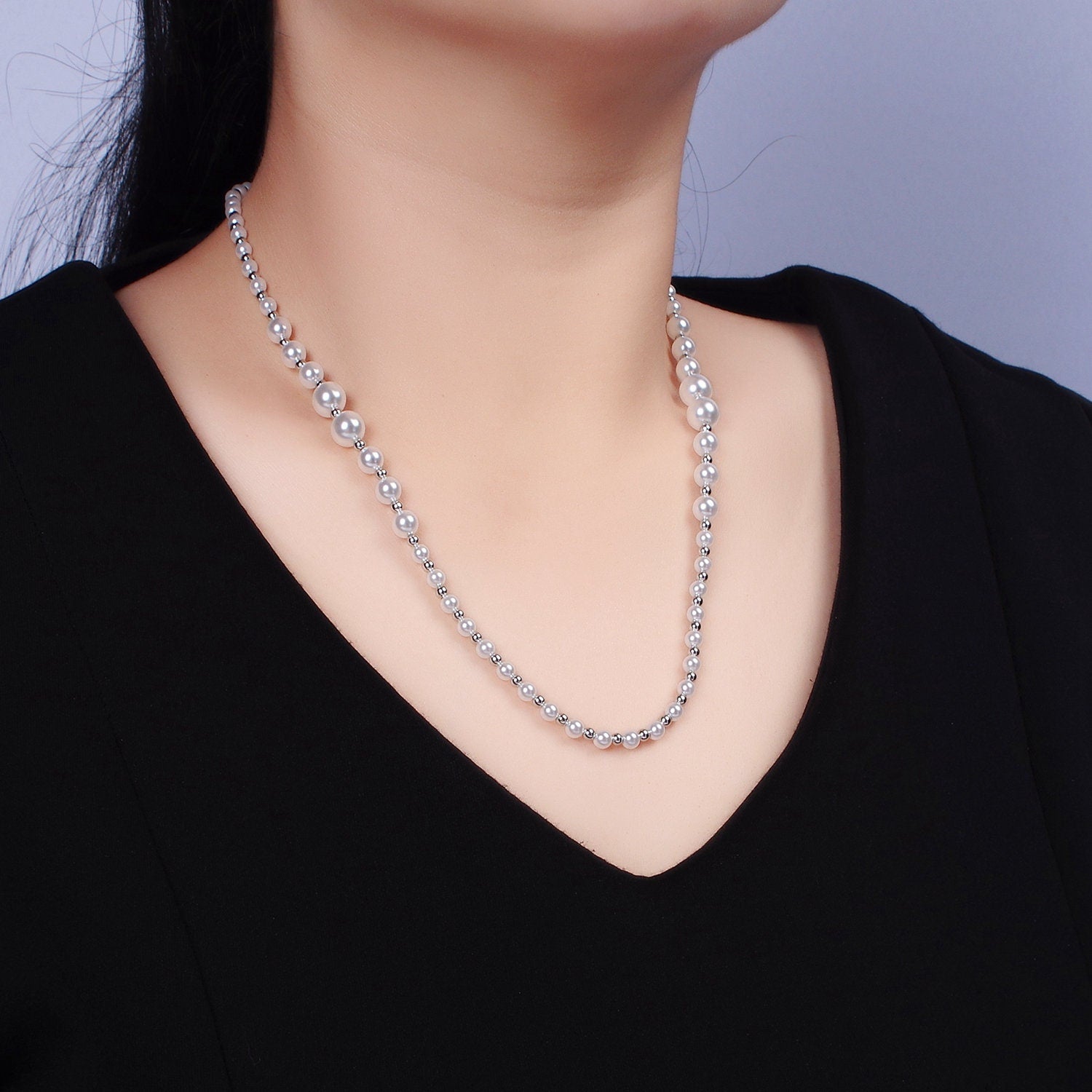 Dainty Graduated Pearl Necklace in Silver Gradient White Pearl Necklace For Minimalist Jewelry Christmas Pearl Party Layer Gift WA-2329