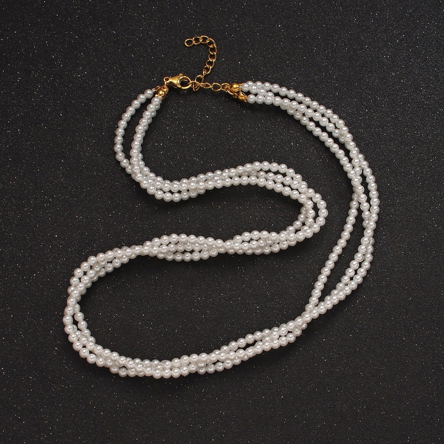 24K Gold Filled Triple Layer 3mm Round Shell Pearl 16.5 Inch Choker Necklace with Extender for Bridesmaid Bridal Jewelry | WA-2330