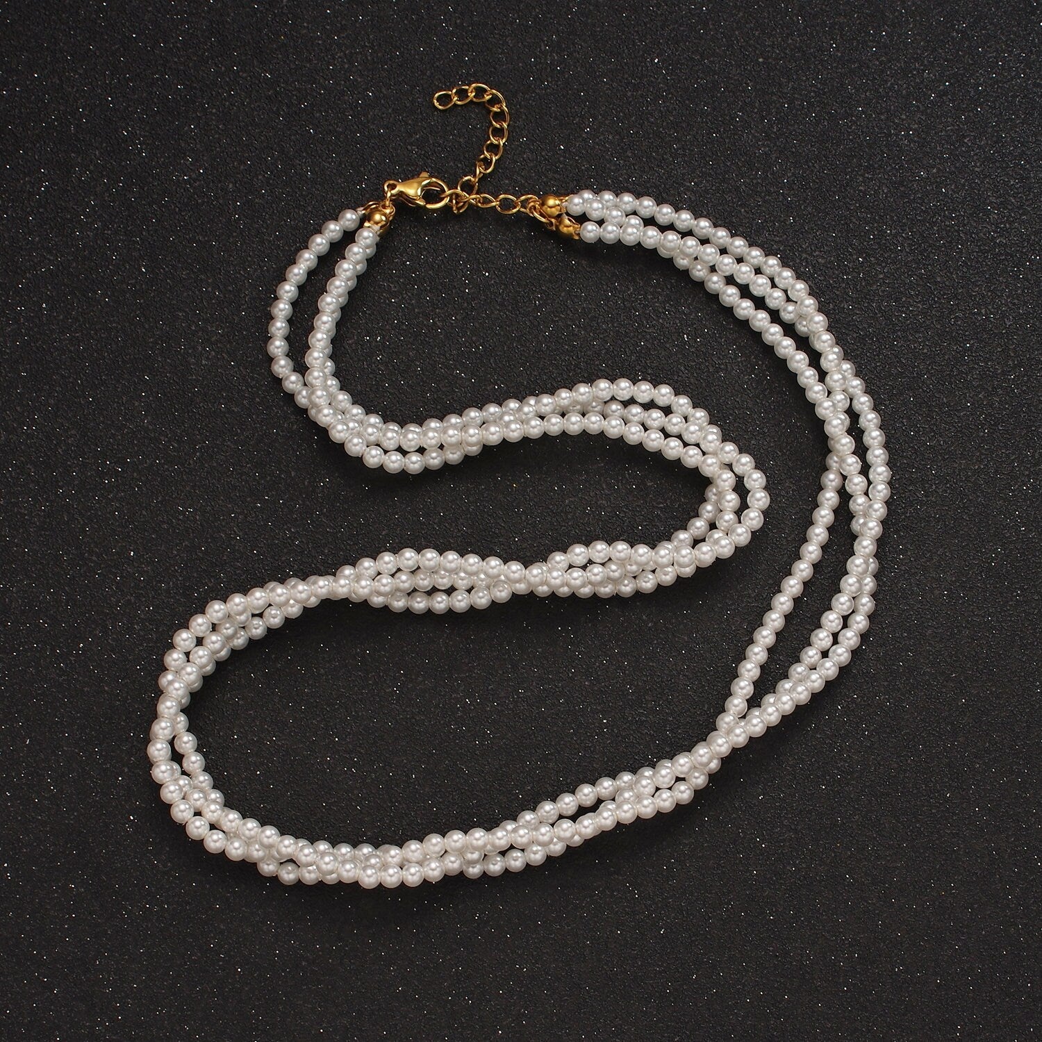 24K Gold Filled Triple Layer 3mm Round Shell Pearl 16.5 Inch Choker Necklace with Extender for Bridesmaid Bridal Jewelry | WA-2330