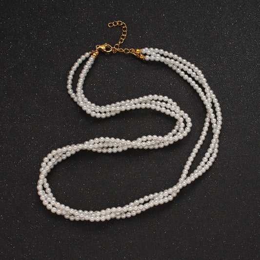 24K Gold Filled Triple Layer 3mm Round Shell Pearl 16.5 Inch Choker Necklace with Extender for Bridesmaid Bridal Jewelry | WA-2330