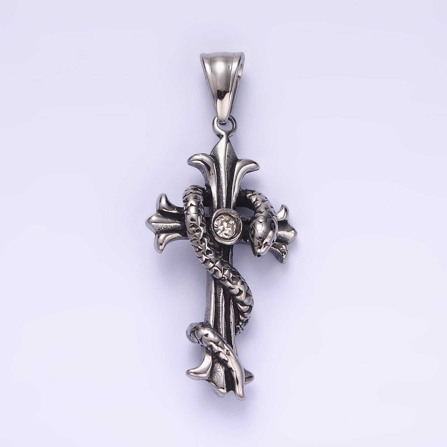 Stainless Steel 50mm Clear CZ Cross Slither Snake Pendant For Gothic Men Jewelry Charm Necklace | P744