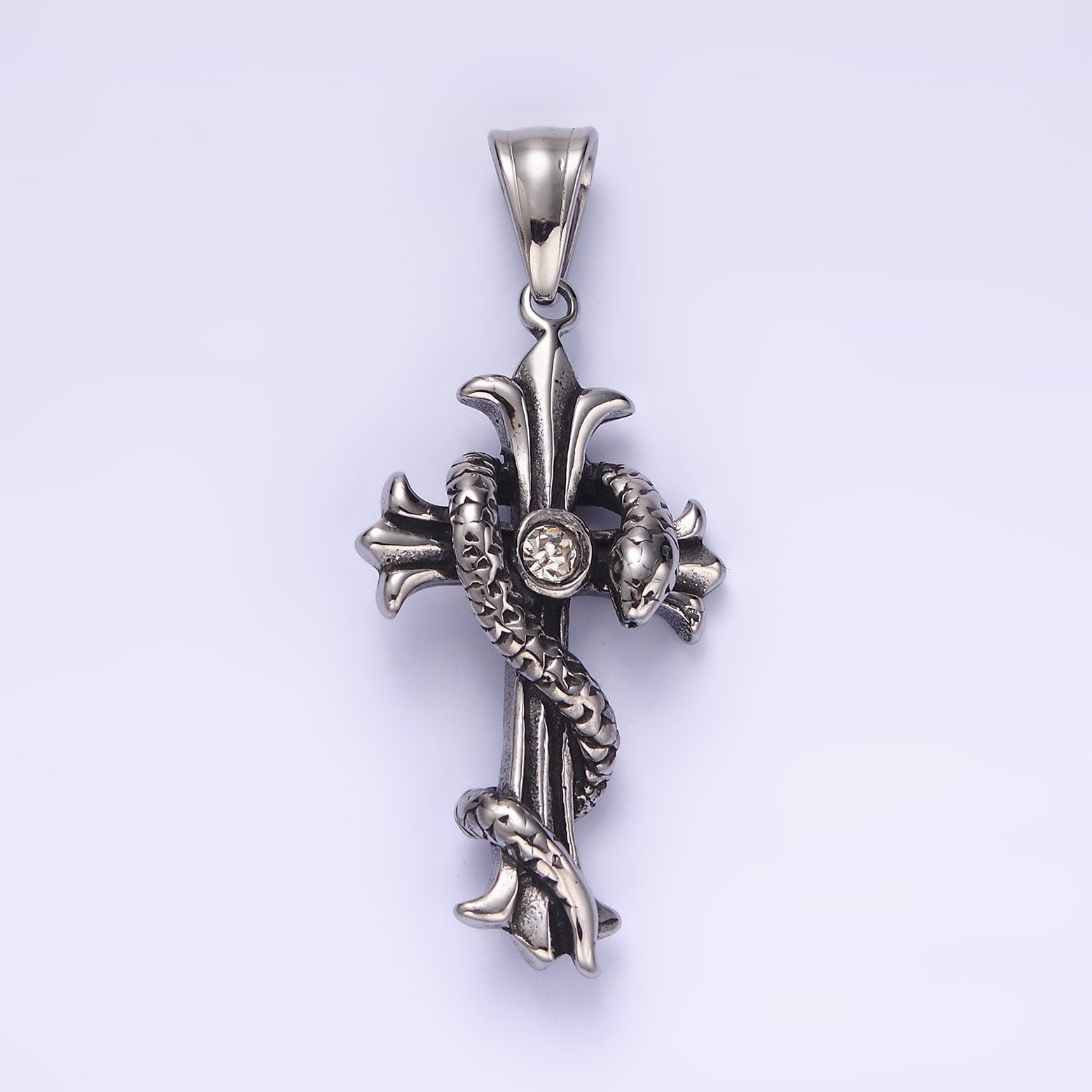 Stainless Steel 50mm Clear CZ Cross Slither Snake Pendant For Gothic Men Jewelry Charm Necklace | P744