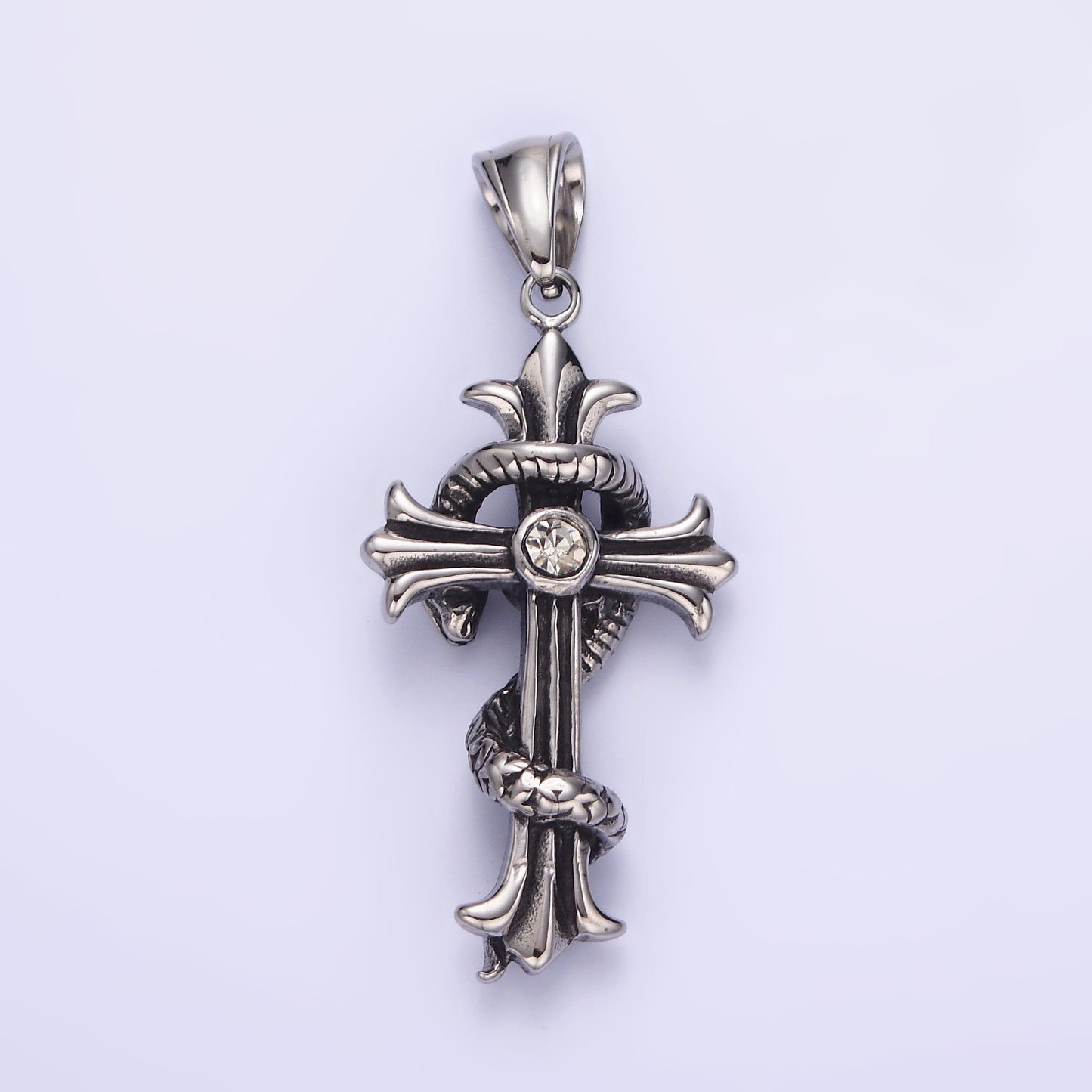 Stainless Steel 50mm Clear CZ Cross Slither Snake Pendant For Gothic Men Jewelry Charm Necklace | P744