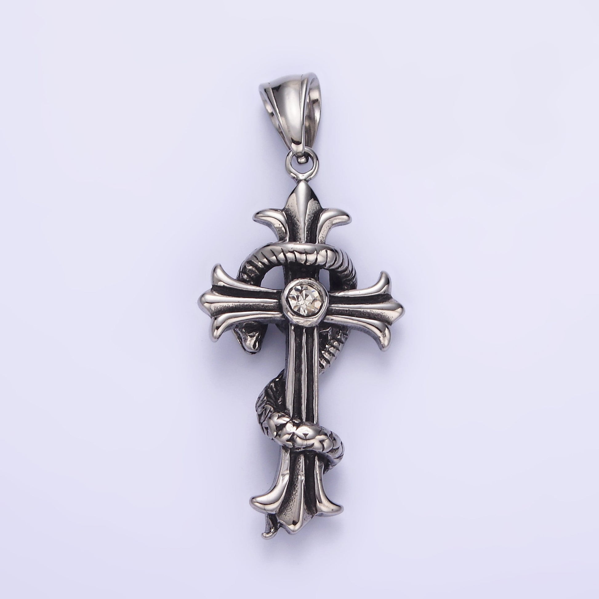Stainless Steel 50mm Clear CZ Cross Slither Snake Pendant For Gothic Men Jewelry Charm Necklace | P744