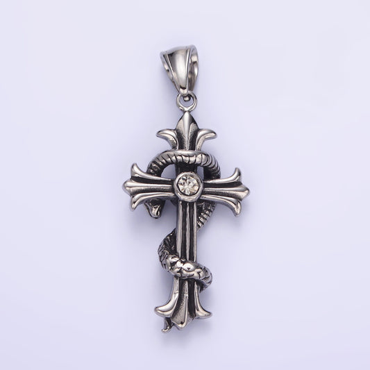 Stainless Steel 50mm Clear CZ Cross Slither Snake Pendant For Gothic Men Jewelry Charm Necklace | P744