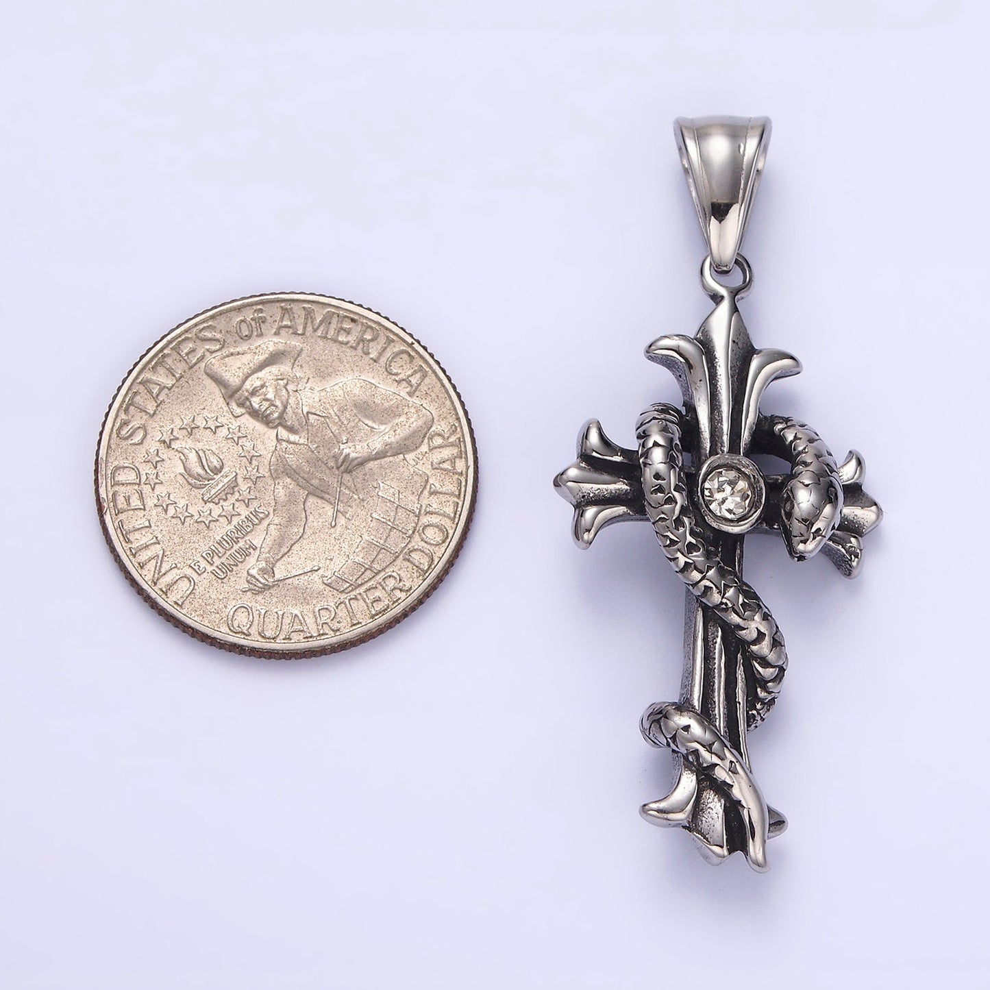 Stainless Steel 50mm Clear CZ Cross Slither Snake Pendant For Gothic Men Jewelry Charm Necklace | P744
