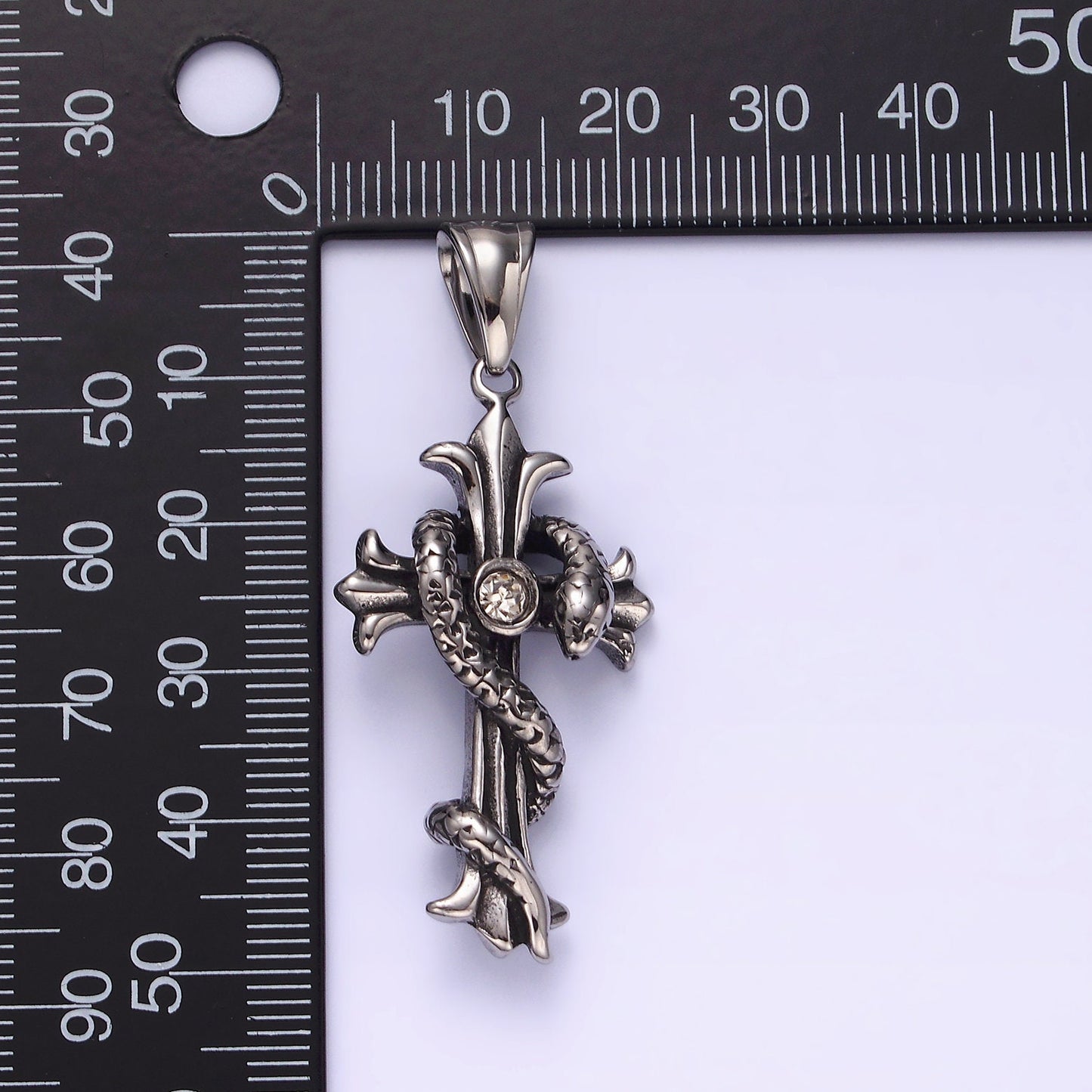 Stainless Steel 50mm Clear CZ Cross Slither Snake Pendant For Gothic Men Jewelry Charm Necklace | P744