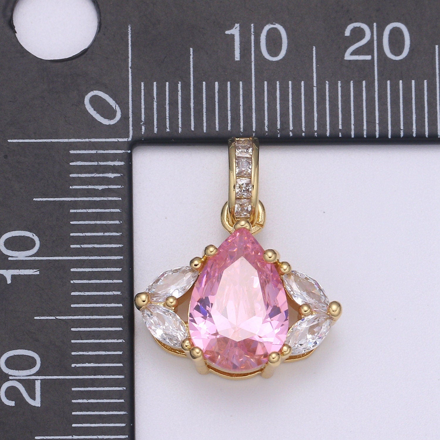 24k Gold Micro Pave CZ Evil Eye Pendant Charm, Pink Tear drop CZ Pendant Charm, Micro Pave Cubic Bail For DIY Jewelry making H-647