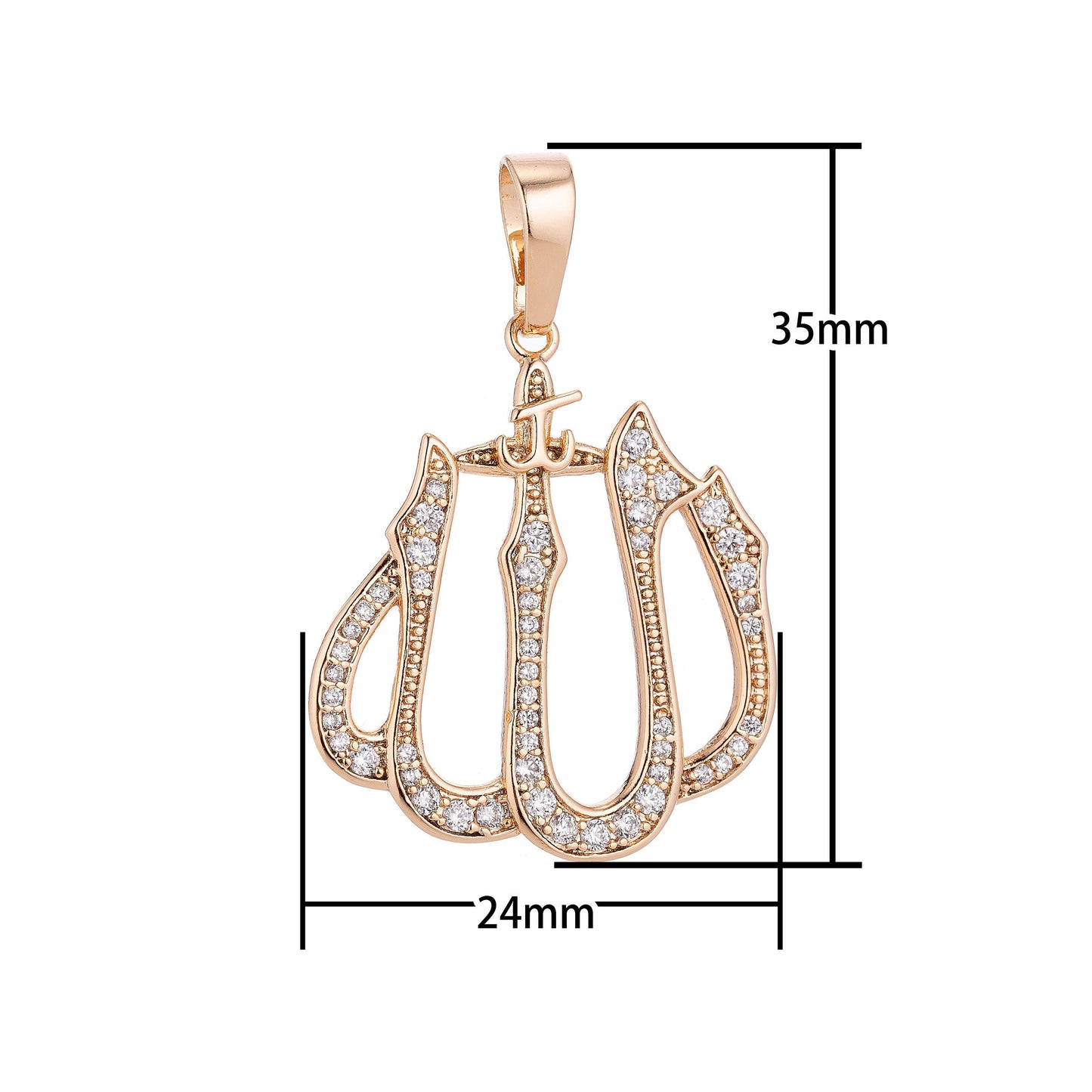 18k Gold Filled Dainty Islamic Word, Allah, Moslem God Cubic Zirconia Necklace Pendant Bead Bails Findings for Jewelry Making H-578