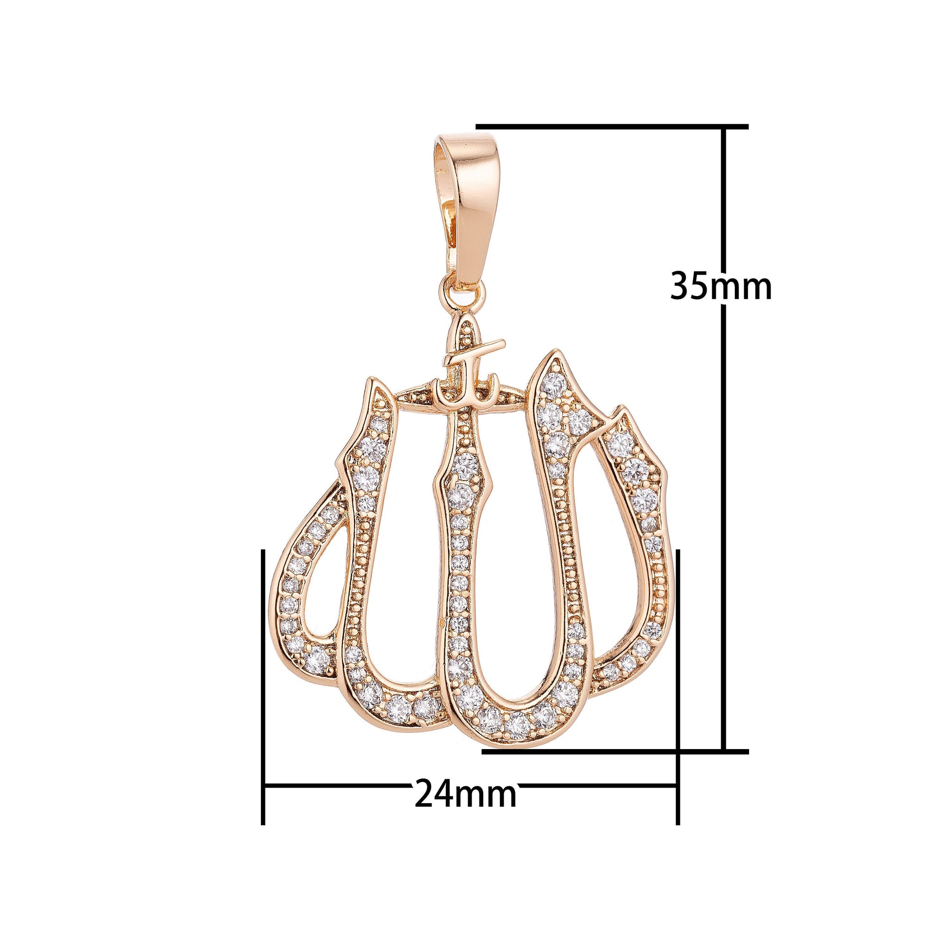 18k Gold Filled Dainty Islamic Word, Allah, Moslem God Cubic Zirconia Necklace Pendant Bead Bails Findings for Jewelry Making H-578