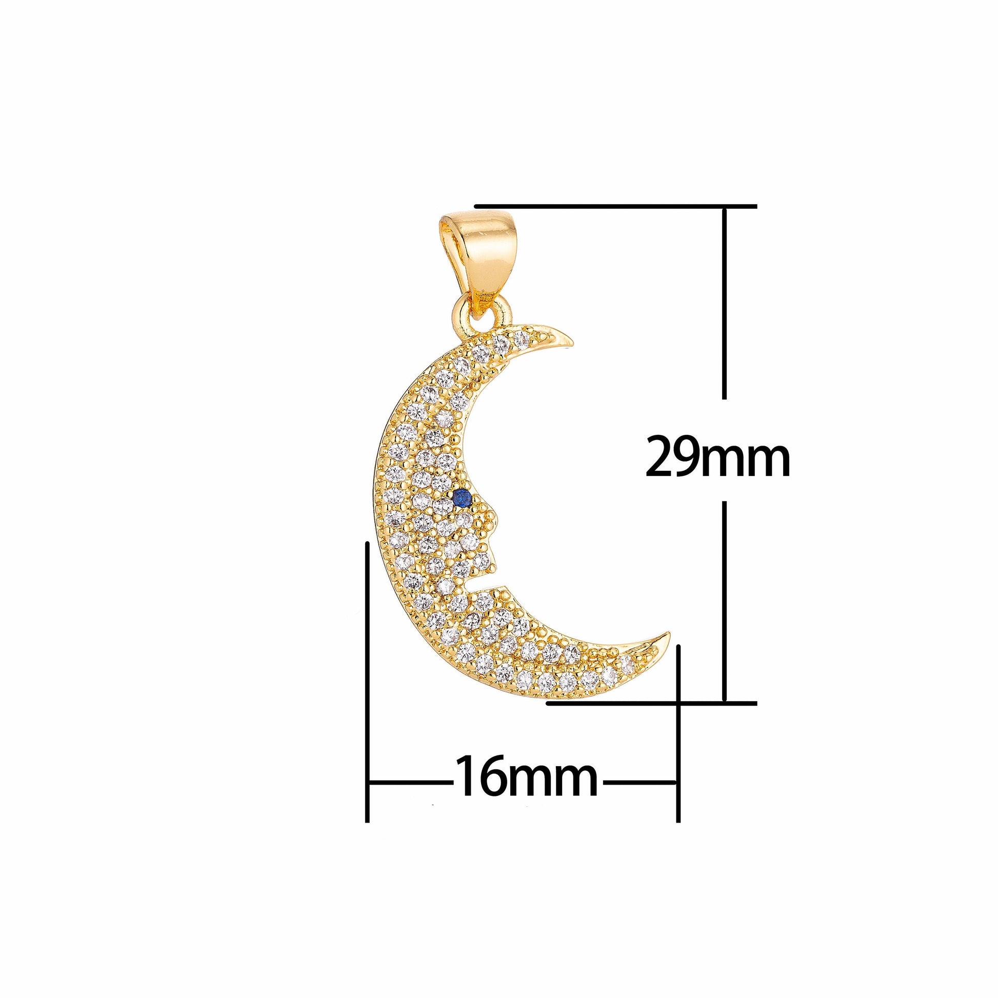 18K Gold Filled Crescent Moon Face Charm Crystal Cubic Zirconia for Necklace Pendant Earring Bail Dangle Findings for Jewelry Making H-297