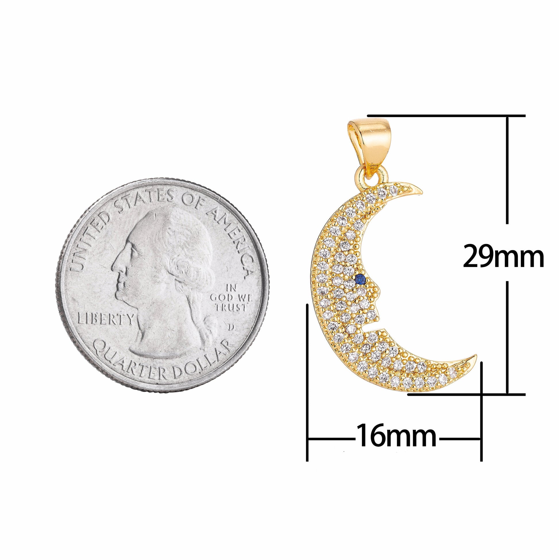 18K Gold Filled Crescent Moon Face Charm Crystal Cubic Zirconia for Necklace Pendant Earring Bail Dangle Findings for Jewelry Making H-297