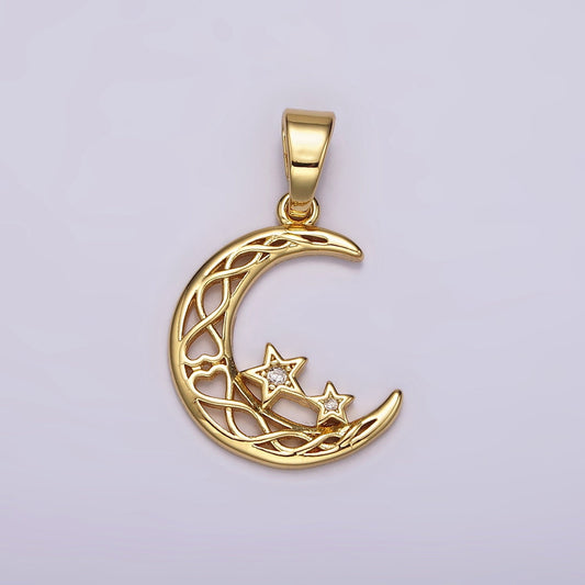 Micro Pave CZ Gold Crescent Moon Charm, Crescent Moon Pendant, Star & Moon for Bracelet Cubic Zirconia Charm Celestial Jewelry AH-092