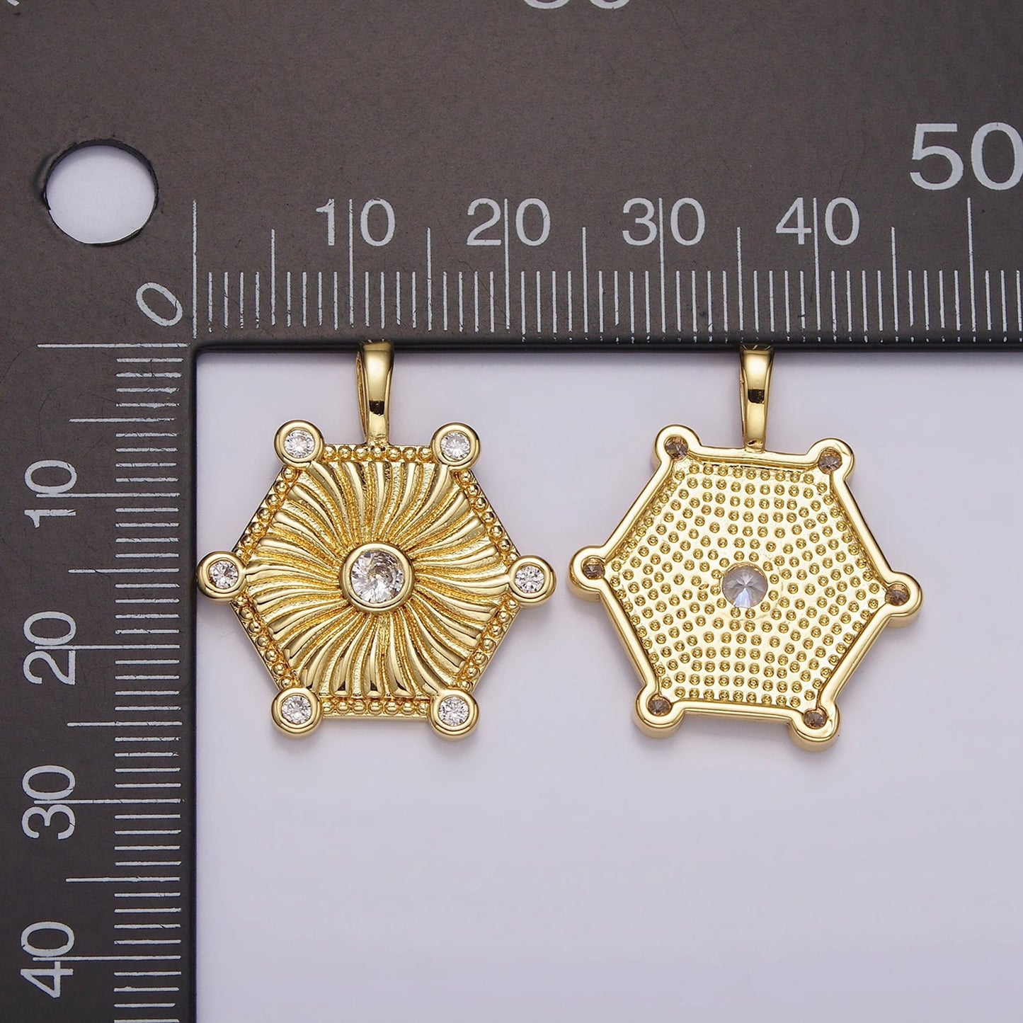 Gold CZ Medallion Geometric Hexagon Pendant, 14K Gold Filled Clear Micro Paved CZ Hexagonal Sunray Charm | AH087