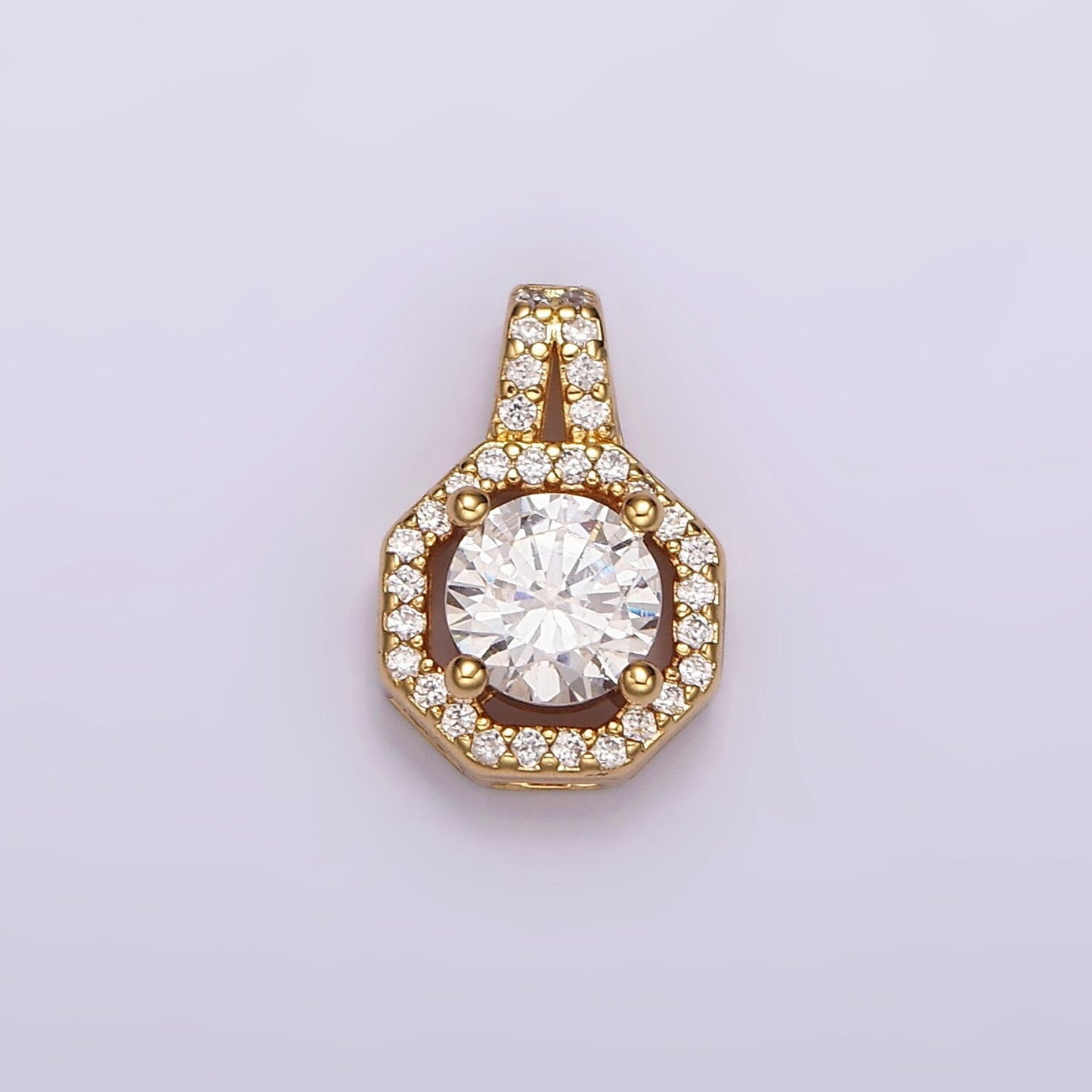 Mini Medallion Charm Octagon Shape Pendant, 14K Gold Filled CZ Cubic Zirconia Clear Solitaire Stone Charm for Necklace Bracelet Supply AH090
