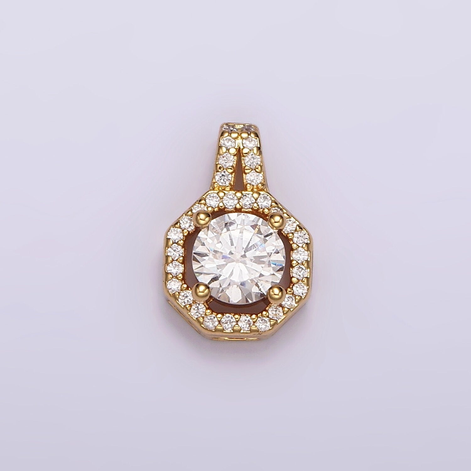 Mini Medallion Charm Octagon Shape Pendant, 14K Gold Filled CZ Cubic Zirconia Clear Solitaire Stone Charm for Necklace Bracelet Supply AH090