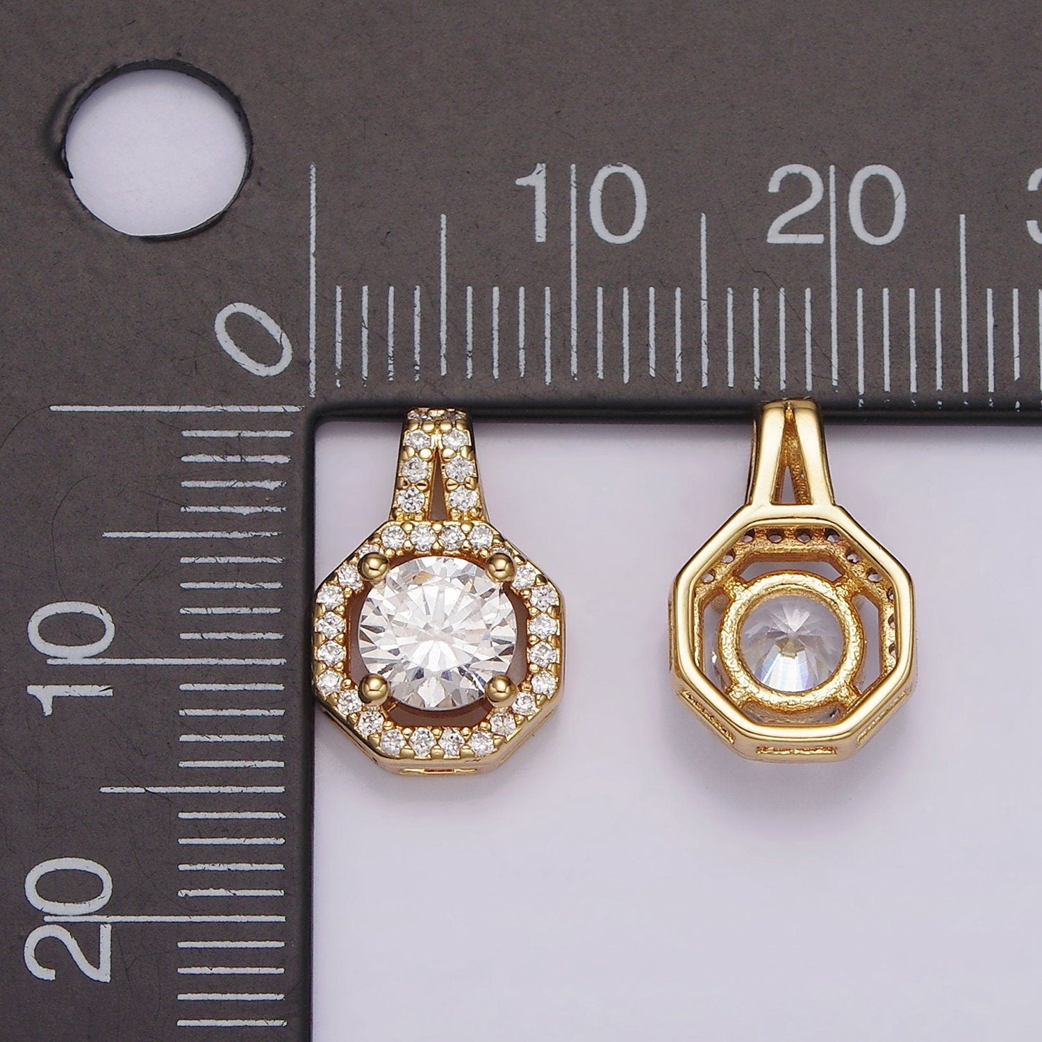 Mini Medallion Charm Octagon Shape Pendant, 14K Gold Filled CZ Cubic Zirconia Clear Solitaire Stone Charm for Necklace Bracelet Supply AH090