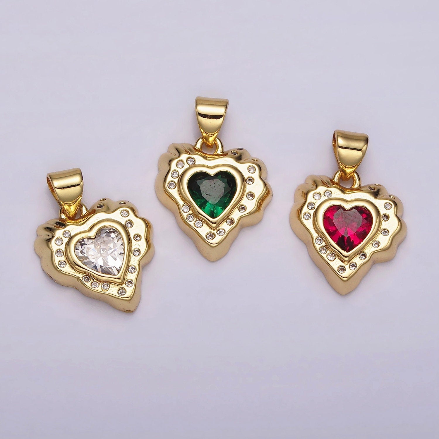14k Gold Filled Clear, Pink Green CZ Molten Heart Pendant Abstract Heart Charm for Valentine Jewelry Inspired | AH-095
