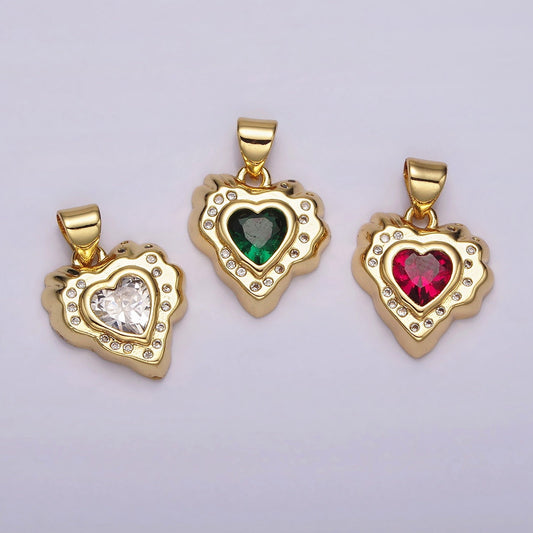 14k Gold Filled Clear, Pink Green CZ Molten Heart Pendant Abstract Heart Charm for Valentine Jewelry Inspired | AH-095