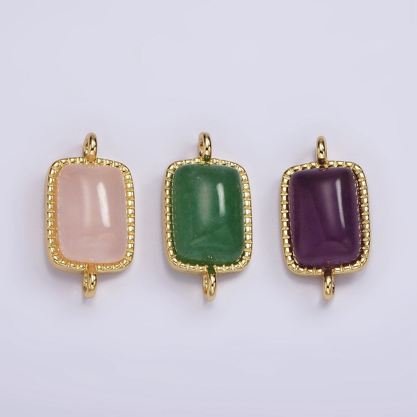 24K Gold Filled Natural Gemstone Rose Quartz, Aventurine, Amethyst Rectangle Charm Connector for Bracelet Component| G-250