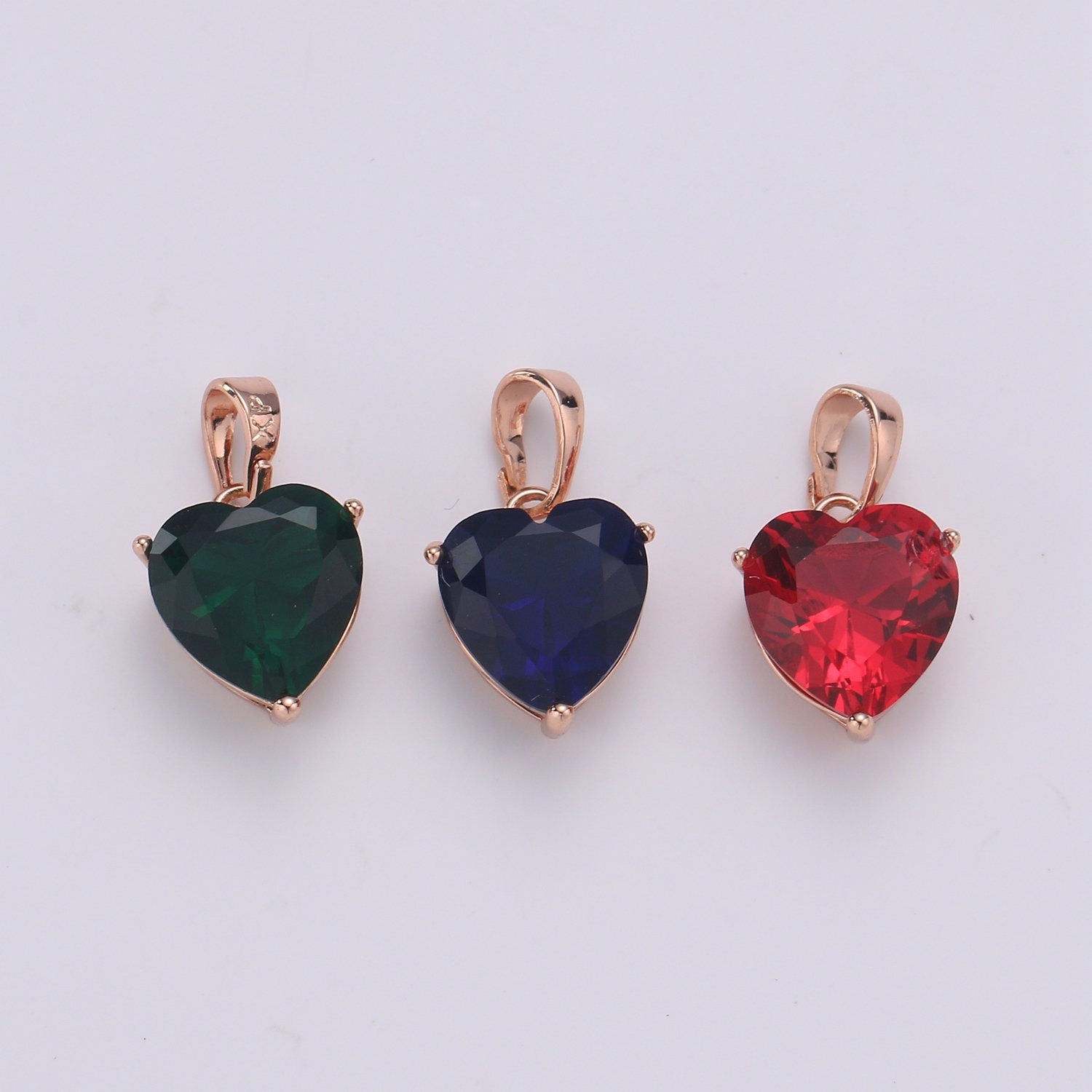 18x10mm Wholesale CZ Heart Gem Pendant w/ Rose Gold Frame, Blue, Green, Red or Pink Pendant for Necklace Bracelet Anklet Making J-163~J-166