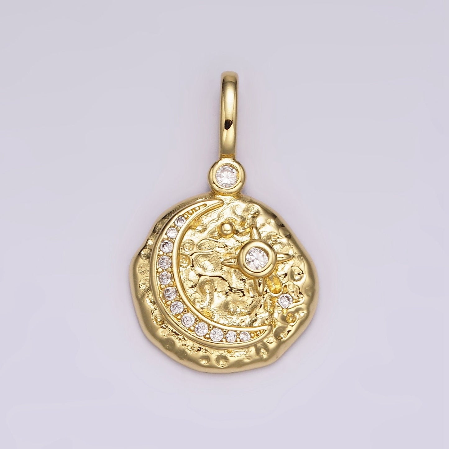 14K Gold Filled Clear, Turquoise Celestial Star Crescent Moon Micro Paved Hammered CZ Pendant | AH109 AH110