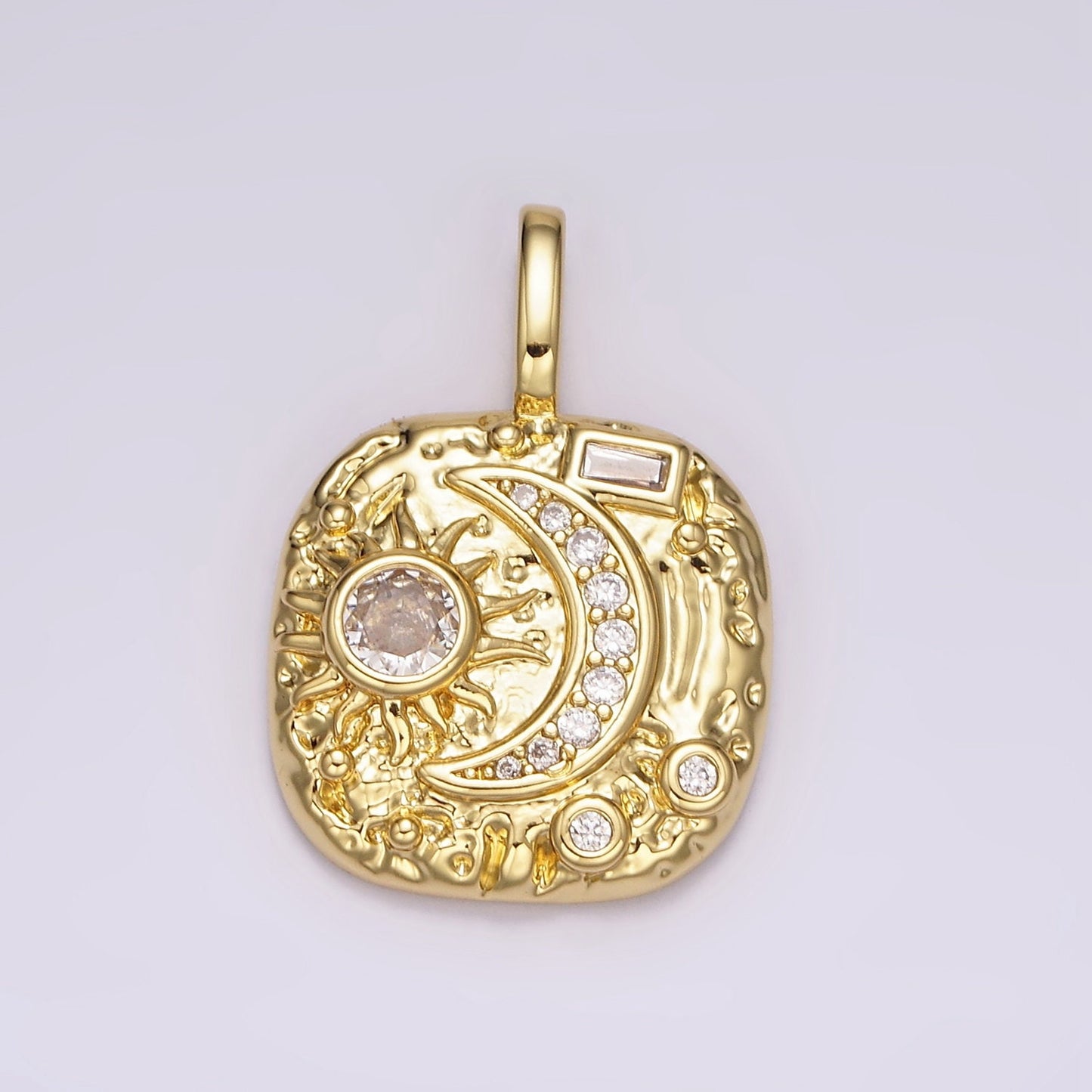 14K Gold Filled Clear, Turquoise Celestial Sun Crescent Moon Hammered Square Pendant | AH093 AH094