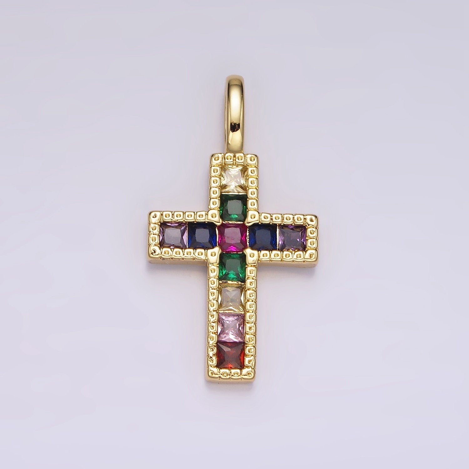 14K Gold Filled Clear, Fuchsia, Green, Blue, Multicolor Square CZ Latin Cross Pendant | AH098 - AH102
