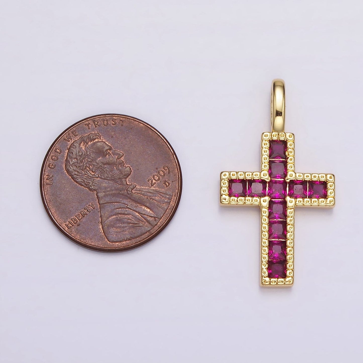 14K Gold Filled Clear, Fuchsia, Green, Blue, Multicolor Square CZ Latin Cross Pendant | AH098 - AH102