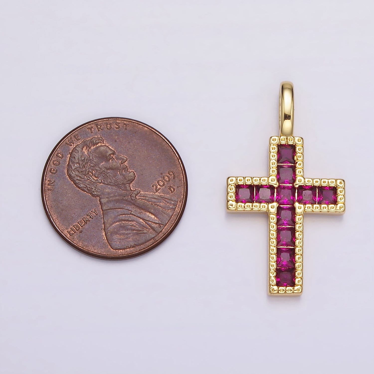 14K Gold Filled Clear, Fuchsia, Green, Blue, Multicolor Square CZ Latin Cross Pendant | AH098 - AH102
