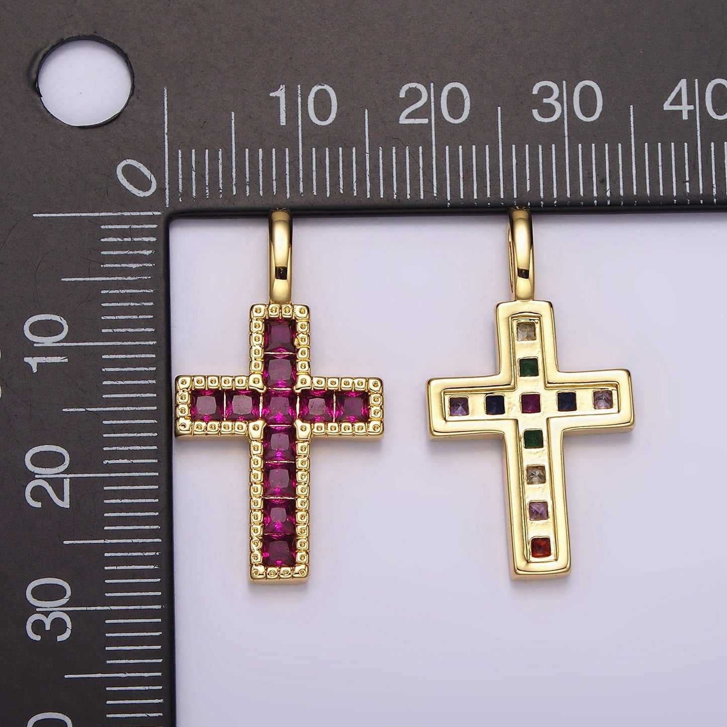 14K Gold Filled Clear, Fuchsia, Green, Blue, Multicolor Square CZ Latin Cross Pendant | AH098 - AH102
