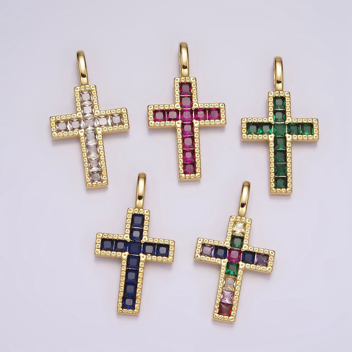 14K Gold Filled Clear, Fuchsia, Green, Blue, Multicolor Square CZ Latin Cross Pendant | AH098 - AH102