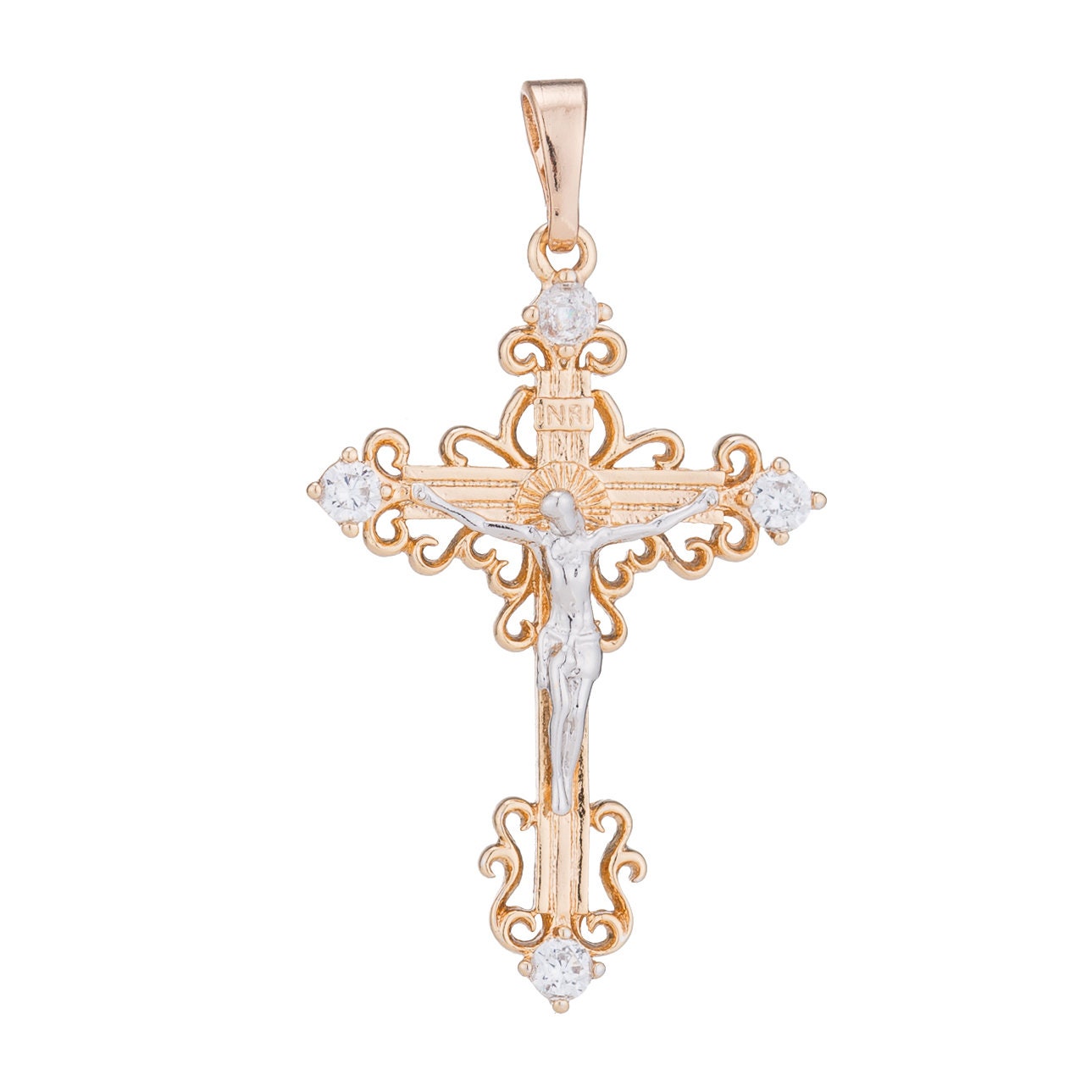 18k Gold Fill Cross Crucifix Pendant Ornate Cross Pendant two tone color for Necklace rosary making H-443