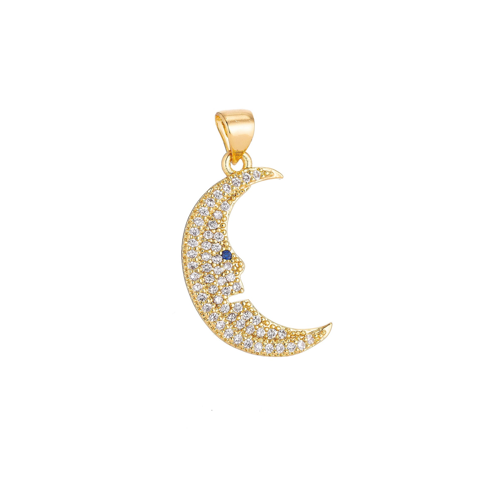 18K Gold Filled Crescent Moon Face Charm Crystal Cubic Zirconia for Necklace Pendant Earring Bail Dangle Findings for Jewelry Making H-297