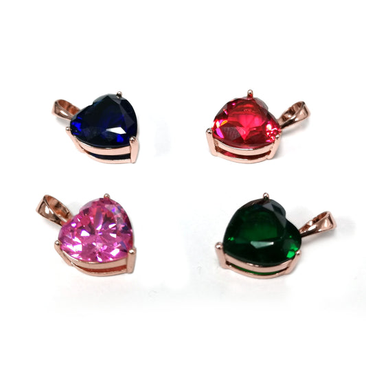 18x10mm Wholesale CZ Heart Gem Pendant w/ Rose Gold Frame, Blue, Green, Red or Pink Pendant for Necklace Bracelet Anklet Making J-163~J-166