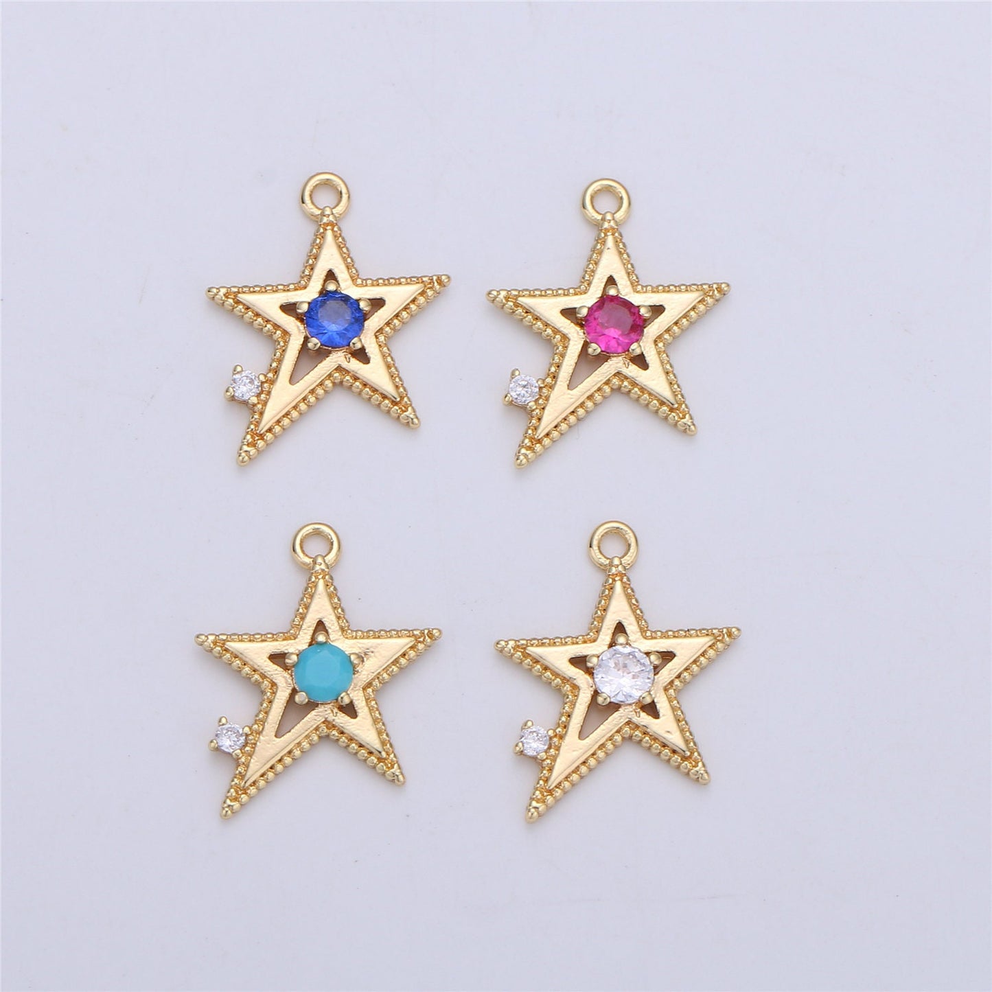 Pink Blue Clear Cubic star charm, 1 piece, 13x16mm 16K gold plated brass, CZ, Nickel free, Rock Star charm for Necklace Earring I-331