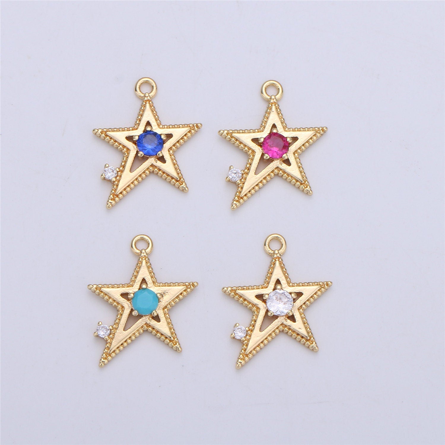 Pink Blue Clear Cubic star charm, 1 piece, 13x16mm 16K gold plated brass, CZ, Nickel free, Rock Star charm for Necklace Earring I-331